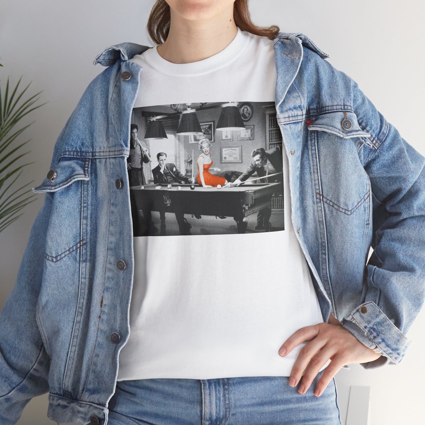 Elvis, Humphrey, Marilyn and James Dean Pool Hall Adult Unisex Heavy Cotton White Tee Shirt