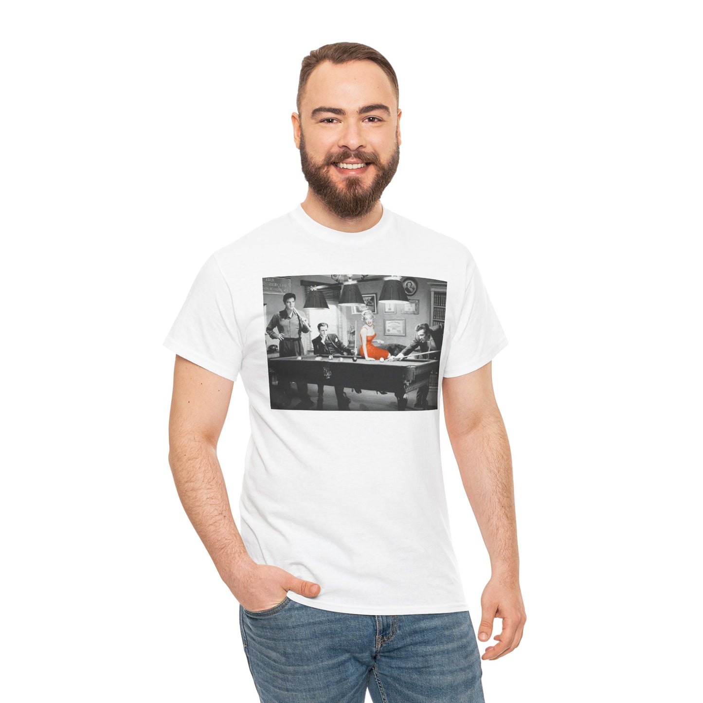 Elvis, Humphrey, Marilyn and James Dean Pool Hall Adult Unisex Heavy Cotton White Tee Shirt