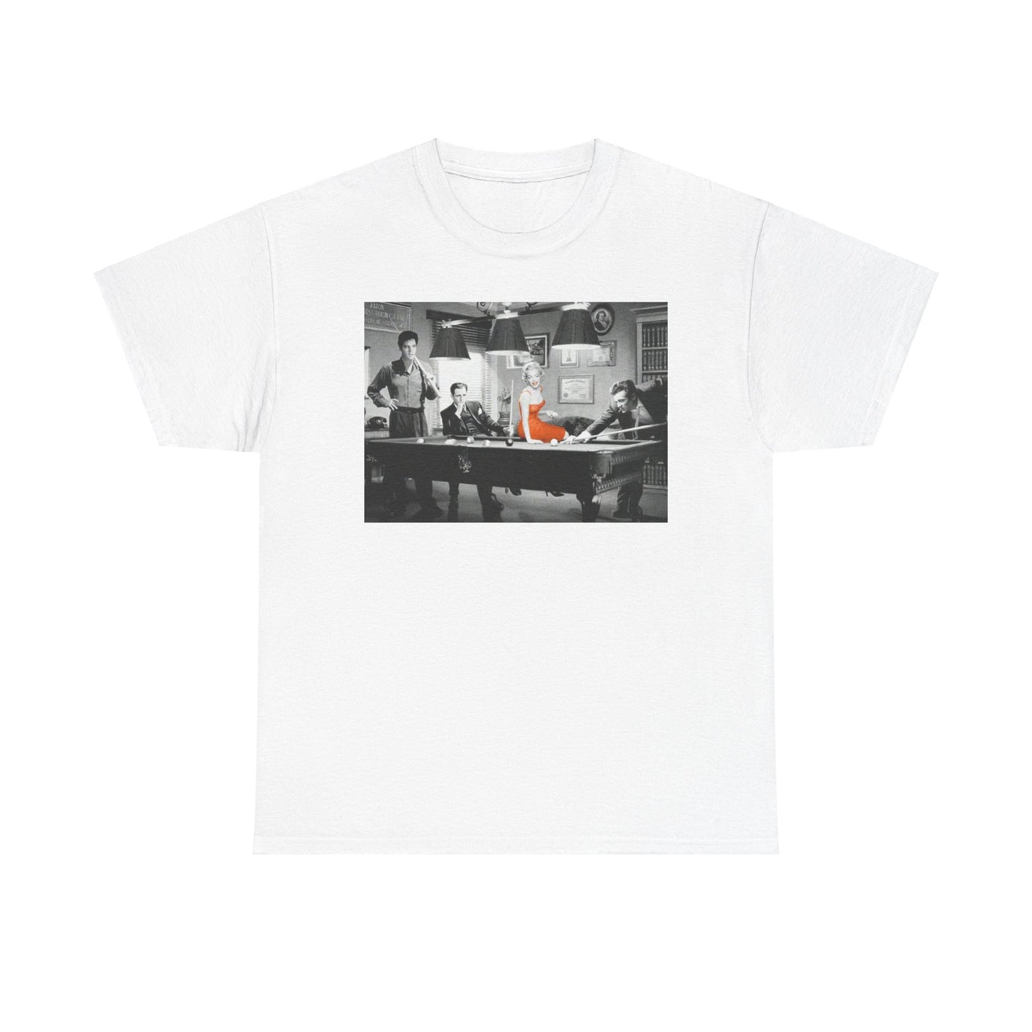 Elvis, Humphrey, Marilyn and James Dean Pool Hall Adult Unisex Heavy Cotton White Tee Shirt