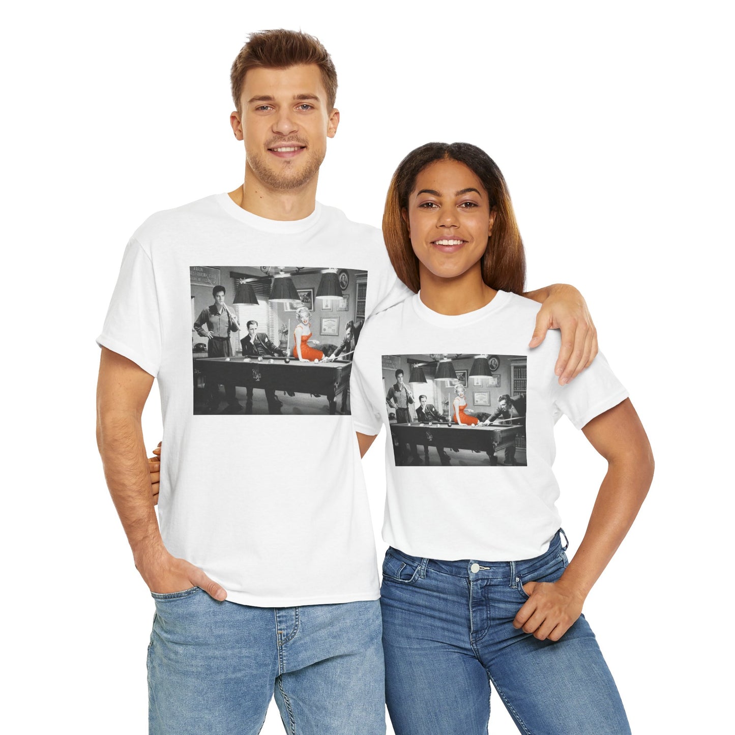 Elvis, Humphrey, Marilyn and James Dean Pool Hall Adult Unisex Heavy Cotton White Tee Shirt
