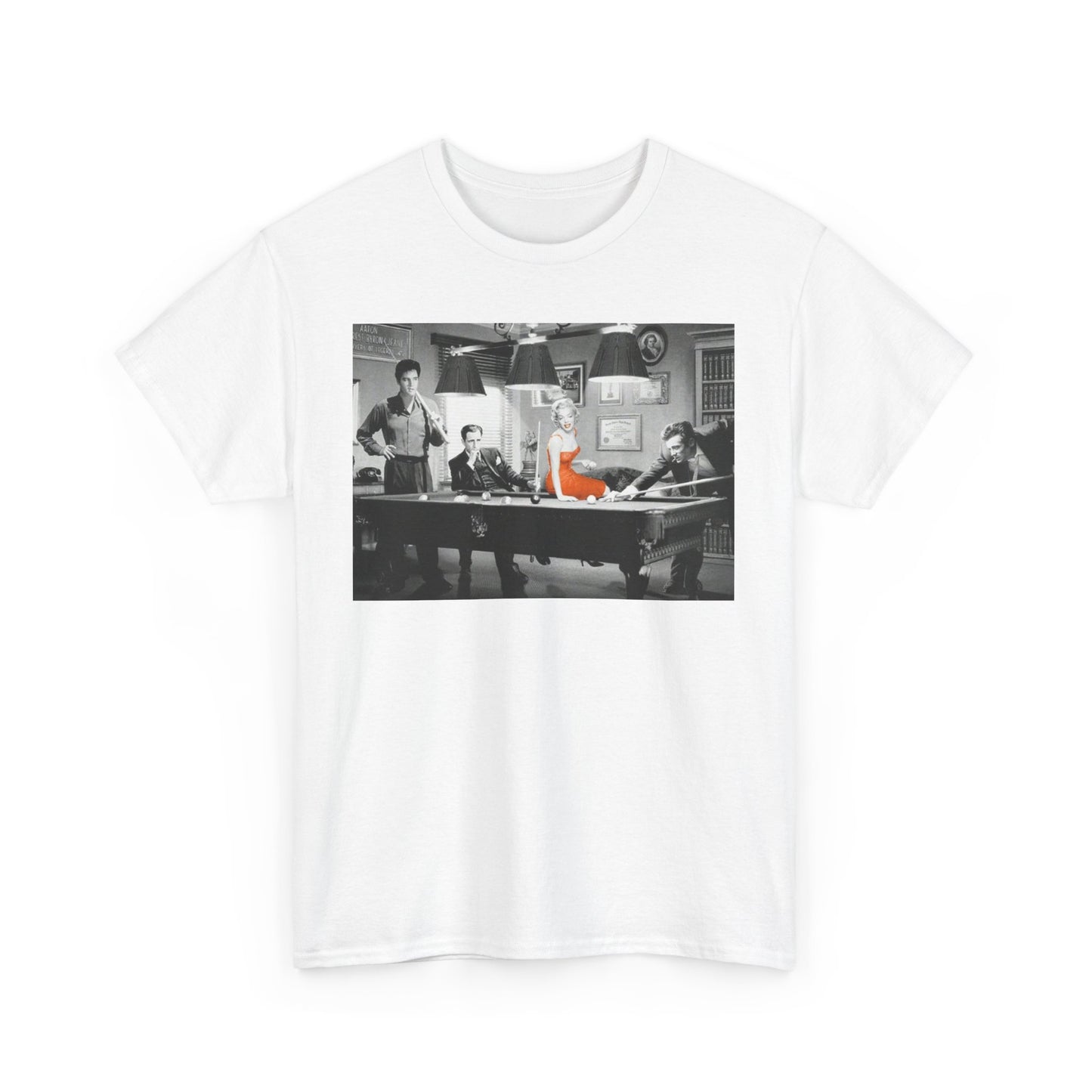 Elvis, Humphrey, Marilyn and James Dean Pool Hall Adult Unisex Heavy Cotton White Tee Shirt