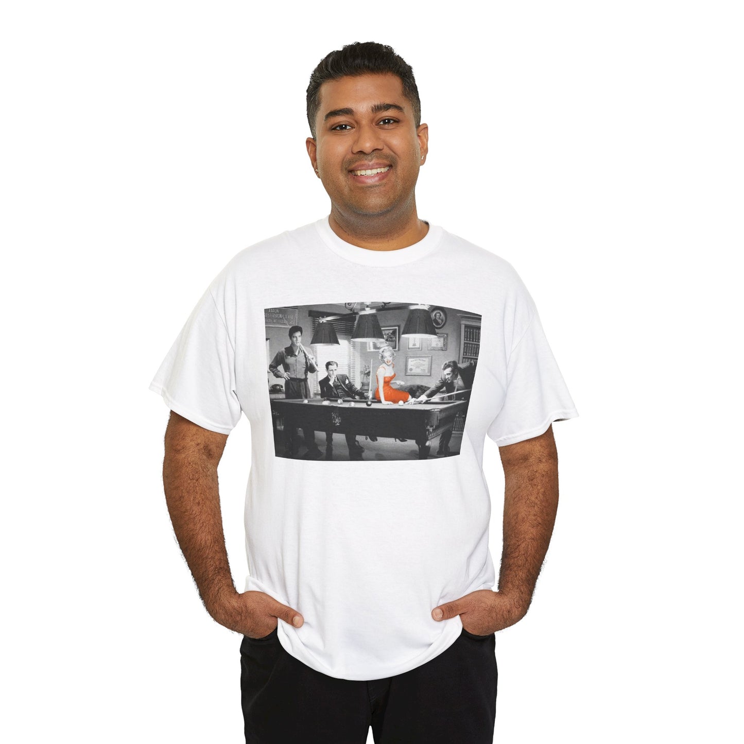Elvis, Humphrey, Marilyn and James Dean Pool Hall Adult Unisex Heavy Cotton White Tee Shirt