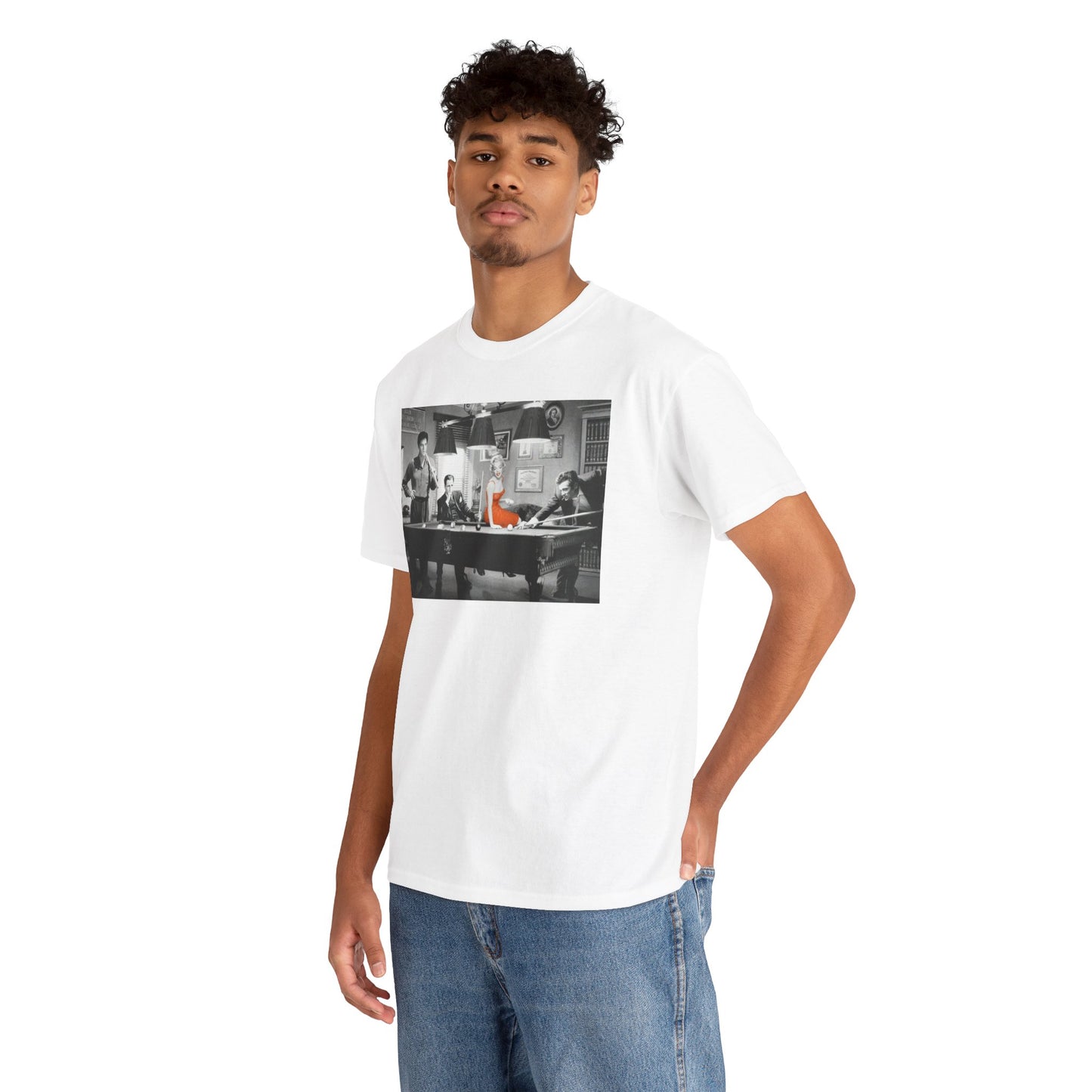 Elvis, Humphrey, Marilyn and James Dean Pool Hall Adult Unisex Heavy Cotton White Tee Shirt