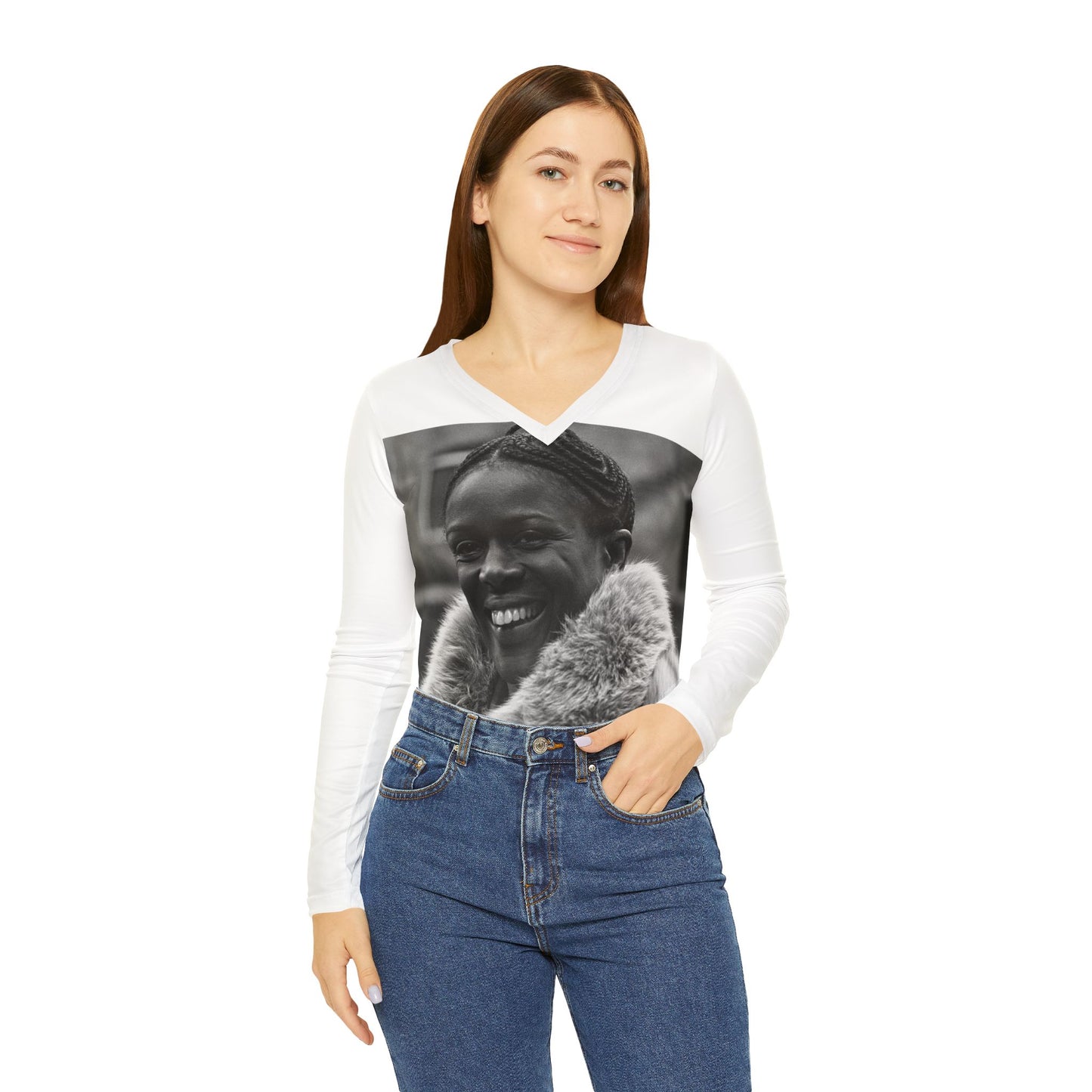Cicely Tyson Women's White Long Sleeve V-neck Shirt