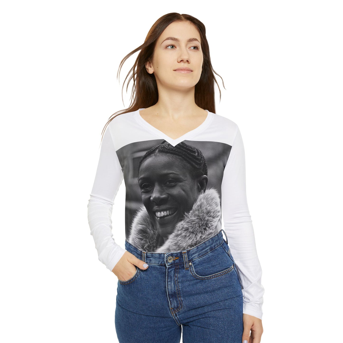 Cicely Tyson Women's White Long Sleeve V-neck Shirt