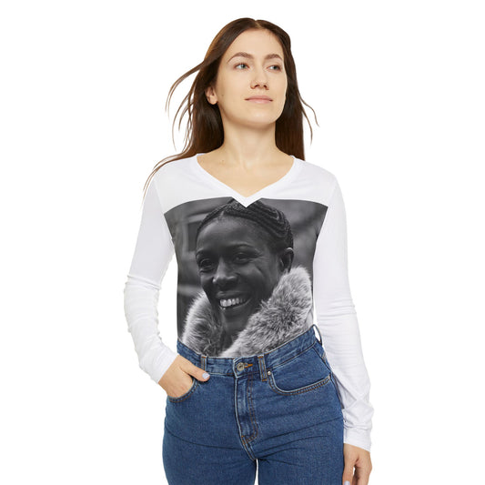 Cicely Tyson Women's White Long Sleeve V-neck Shirt